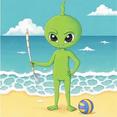 Green character enjoying a beach day with volleyball
