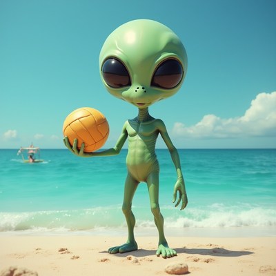 Green alien enjoys beach volleyball on sunny shore