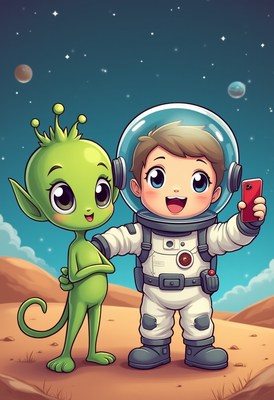 Young astronaut takes selfie with friendly alien on mars