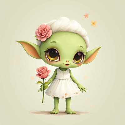 Cute green character holding a rose in a white dress