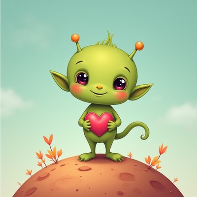 Cute green alien character holding a heart on a hill