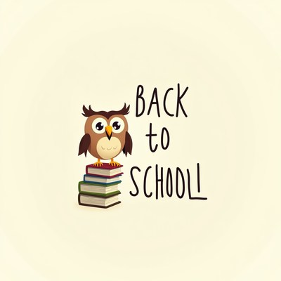 Owl character with books and back to school text