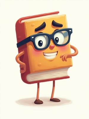 Happy book character with glasses and cheerful expression