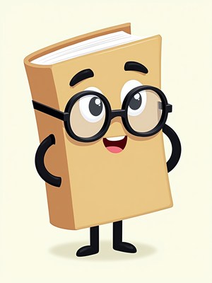 Friendly cartoon book character with glasses smiling