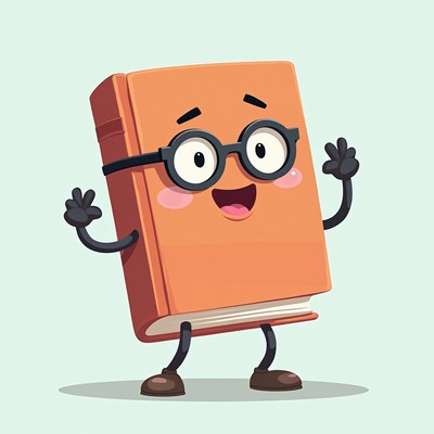 Happy cartoon book character waving cheerfully