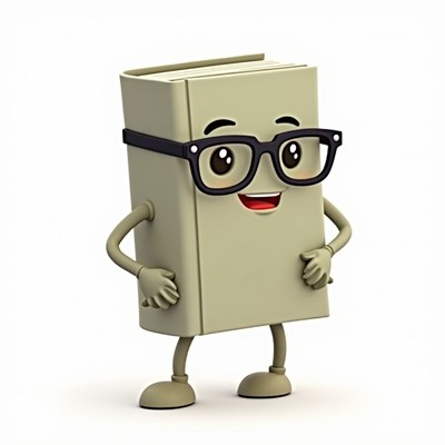Happy book character wearing glasses with arms akimbo