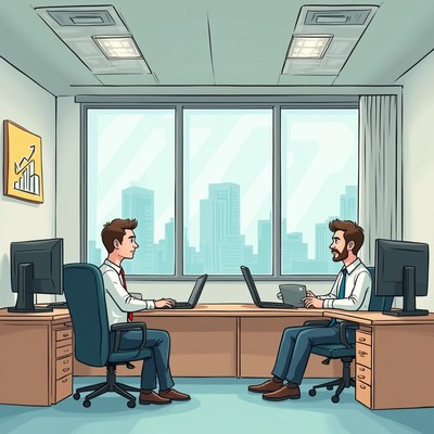 Two businessmen collaborate in modern office space