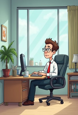 Young man working at desk in a bright office setting
