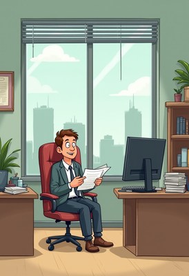 Businessman reviewing documents in office with city view