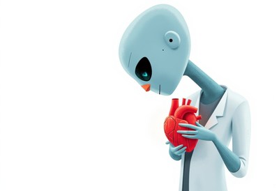 Alien doctor examines a human heart in a lab