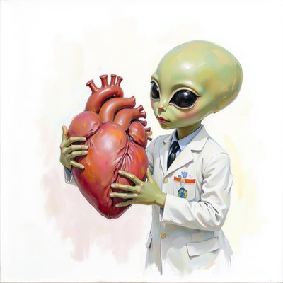 Alien doctor holds a heart in a laboratory setting