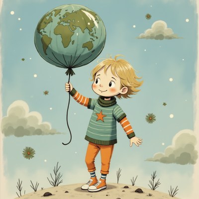 Child holding a globe balloon in playful landscape
