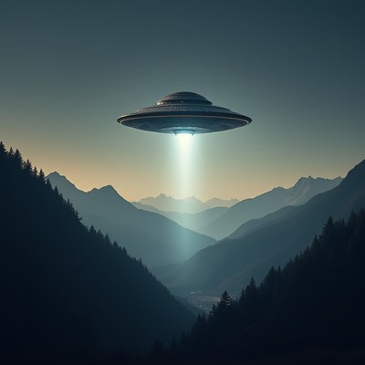 Ufo hovering over a mountain valley during twilight