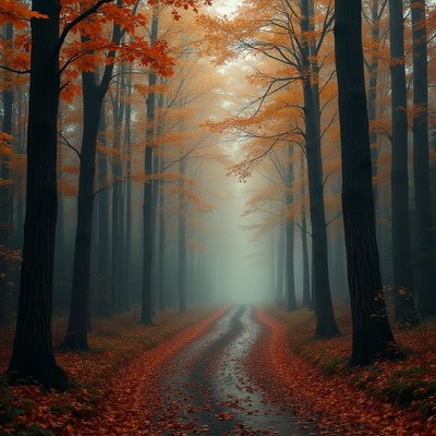 Autumn leaves line a winding path through the forest