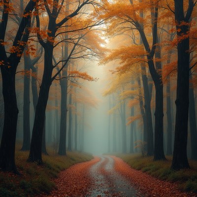 Autumn forest path surrounded by misty trees