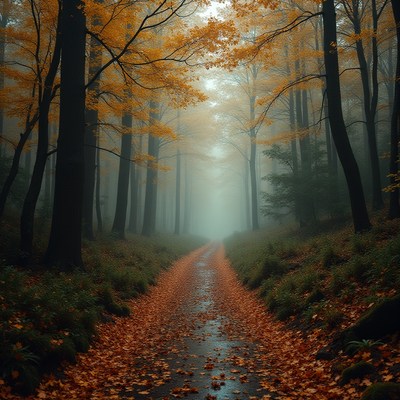 Misty autumn forest pathway in vibrant orange foliage