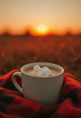 Warm beverage at sunset on a cozy blanket