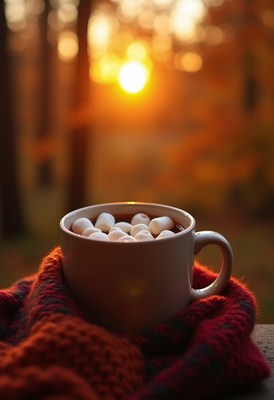 Enjoying hot chocolate at sunset in the forest