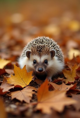 Hedgehog exploring autumn leaves in a forest