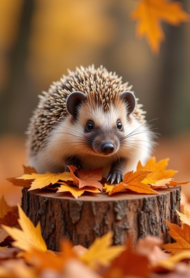 Hedgehog exploring autumn leaves in a forest setting