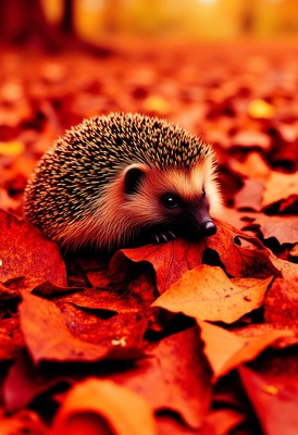 Hedgehog exploring colorful autumn leaves in a park