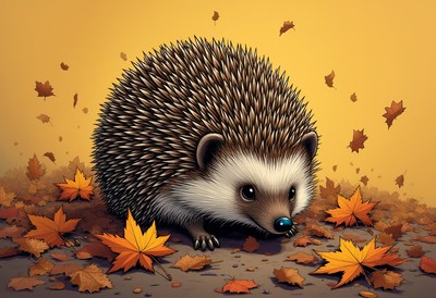 Hedgehog exploring colorful leaves in autumn sunlight