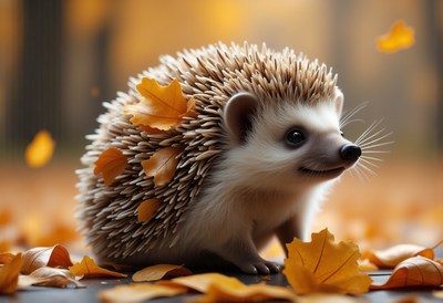 Cute hedgehog surrounded by autumn leaves in a forest