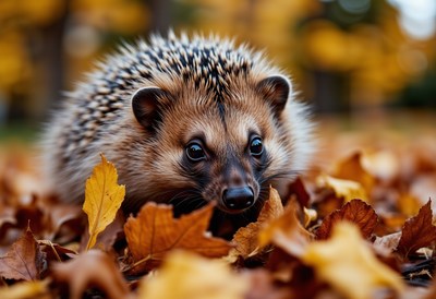 Hedgehog foraging in autumn leaves during daylight