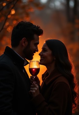 Couple enjoys wine together in autumnal forest setting