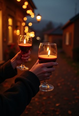 Celebrating with candles and drinks in evening glow