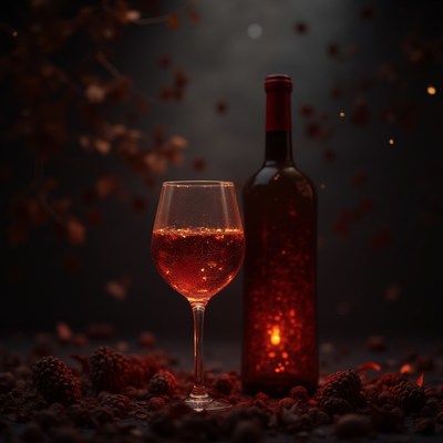 Elegant red wine glass with bottle in dim light setting