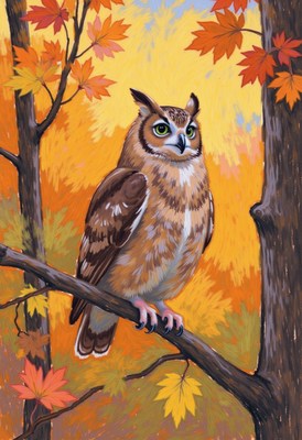 Majestic owl perched on branch in autumn forest