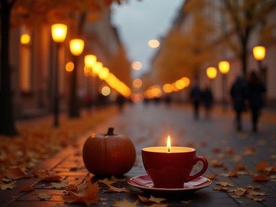 Cozy autumn evening with candle and pumpkin on the street