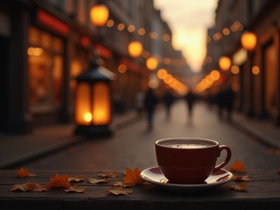 Warm cup of coffee on an autumn evening street