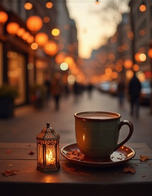 Warm coffee cup and lantern during evening stroll in city