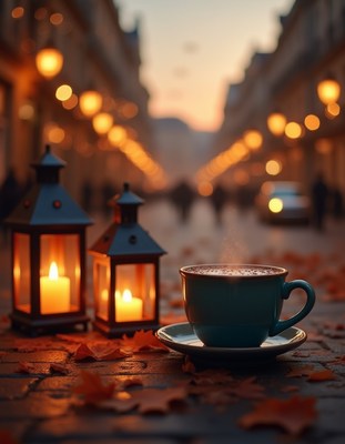 Evening stroll with coffee and lanterns on the street