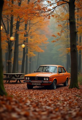 Classic orange car in an autumn forest setting
