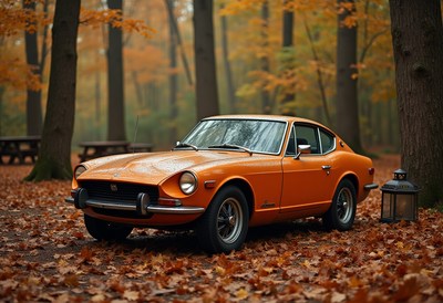 Vintage orange sports car on a forest path in autumn