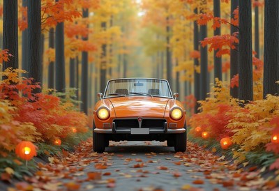 Convertible drives through vibrant autumn forest path