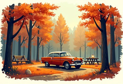 Classic orange car in autumn forest with picnic setup