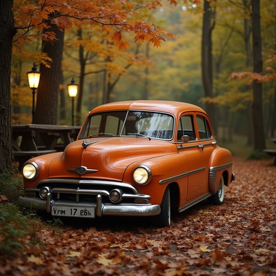 Vintage orange car parked in autumn forest landscape