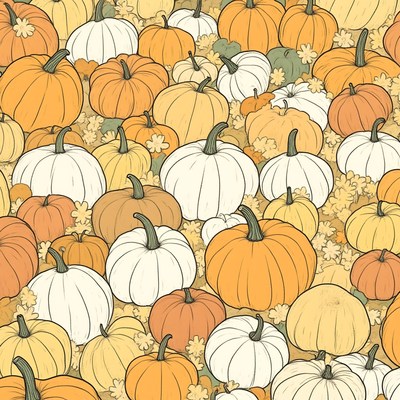 Colorful pumpkins decorate a fall harvest scene