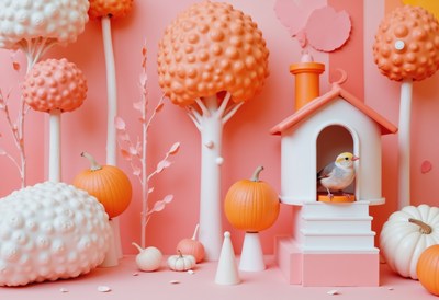 Colorful birdhouse surrounded by autumn decorations