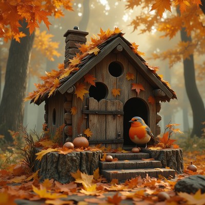 Autumn scene featuring a birdhouse surrounded by foliage