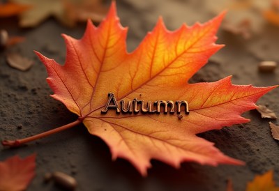 Vibrant autumn leaf with text detail on a dark surface