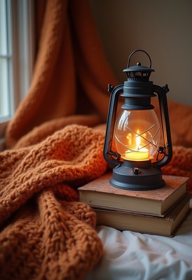 Cozy evening with a lantern and warm knitted blanket