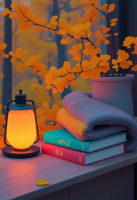 Cozy workspace with warm light and autumn decor