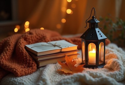 Cozy autumn evening with lantern and books
