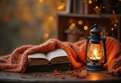 Cozy autumn evening with lantern and book