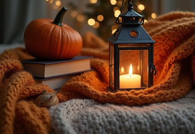 Cozy autumn setting with pumpkin and lantern glow